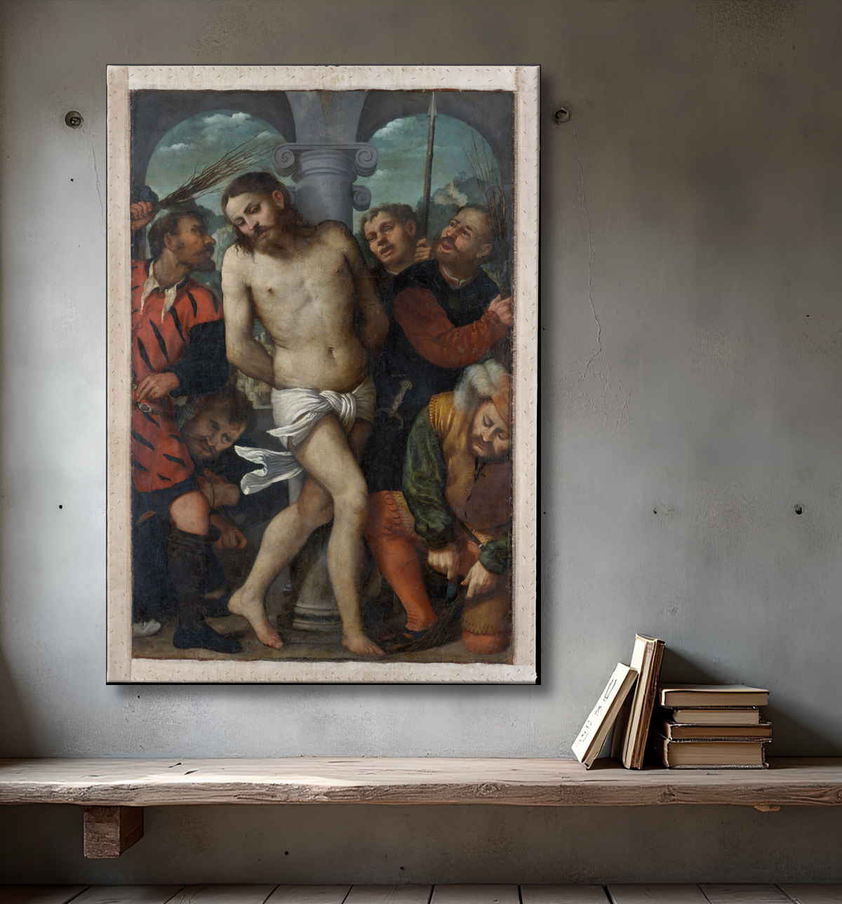 Reproduction la flagellation ; (revers) La Vierge de la Miséricorde de Girolamo Romanino avec decor