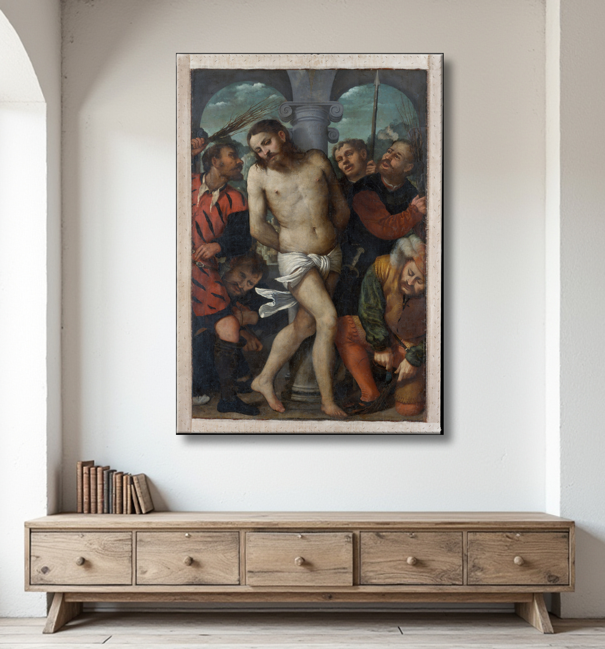 Reproduction la flagellation ; (revers) La Vierge de la Miséricorde de Girolamo Romanino avec decor