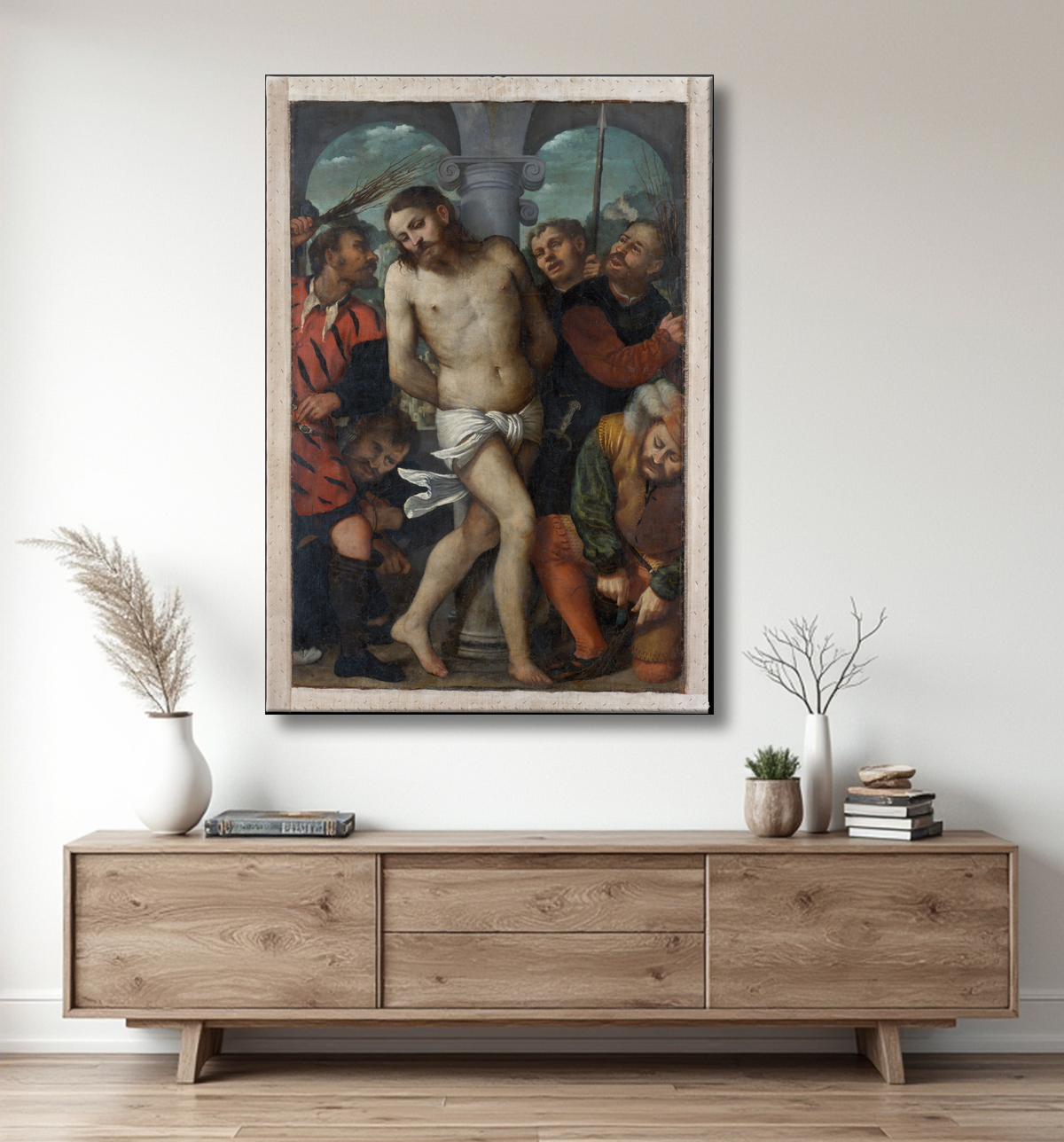 Reproduction la flagellation ; (revers) La Vierge de la Miséricorde de Girolamo Romanino avec decor