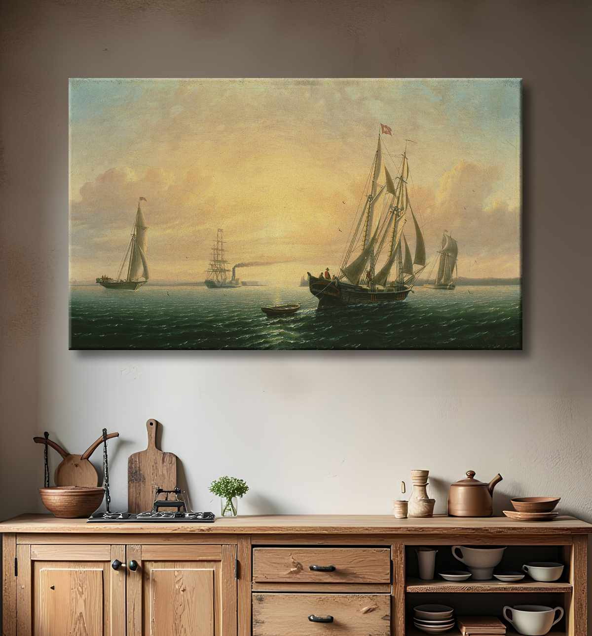 Reproduction La goélette Jane de Bath, Maine de William Bradford avec decor