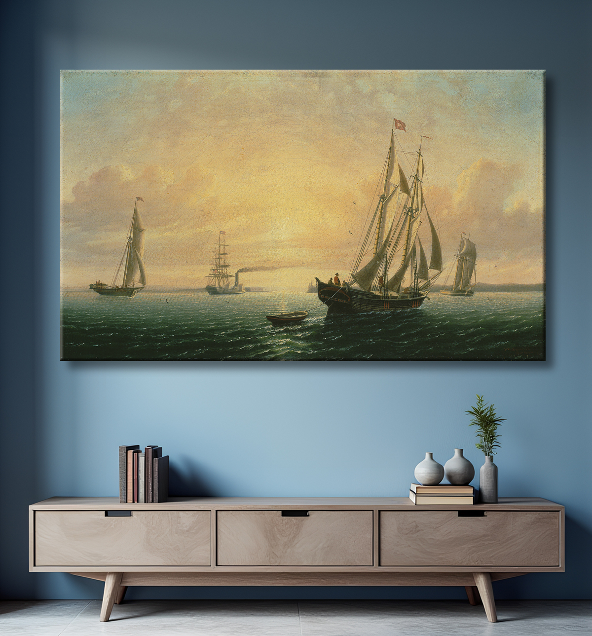 Reproduction La goélette Jane de Bath, Maine de William Bradford avec decor