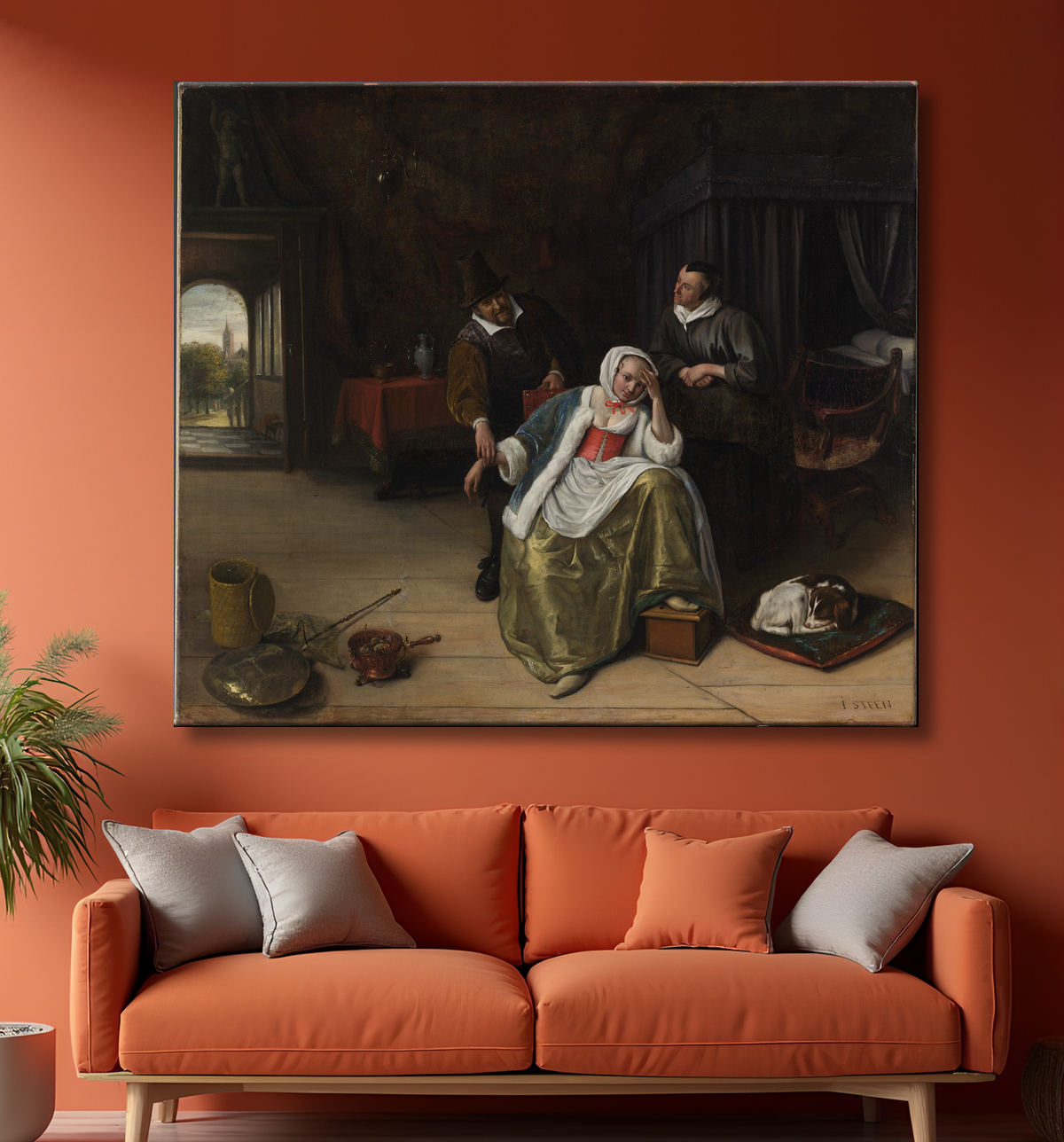 Reproduction La jeune fille malade d'amour de Jan Steen avec decor