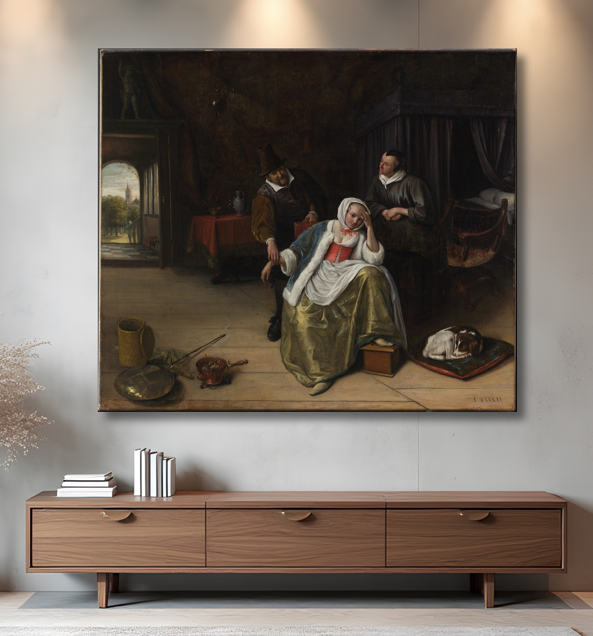 Reproduction La jeune fille malade d'amour de Jan Steen avec decor