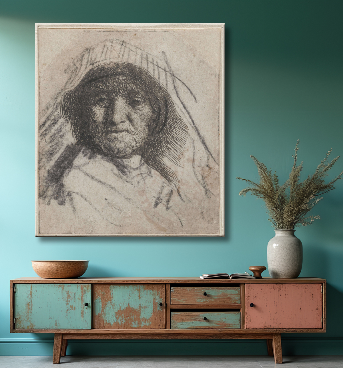 Reproduction La mère de Rembrandt de Rembrandt van Rijn avec decor