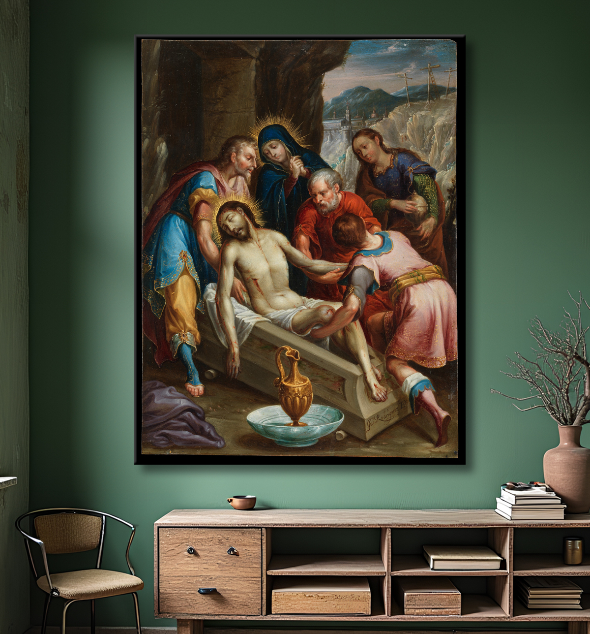 Reproduction La mise au tombeau du Christ de Juan Rodríguez Juárez avec decor
