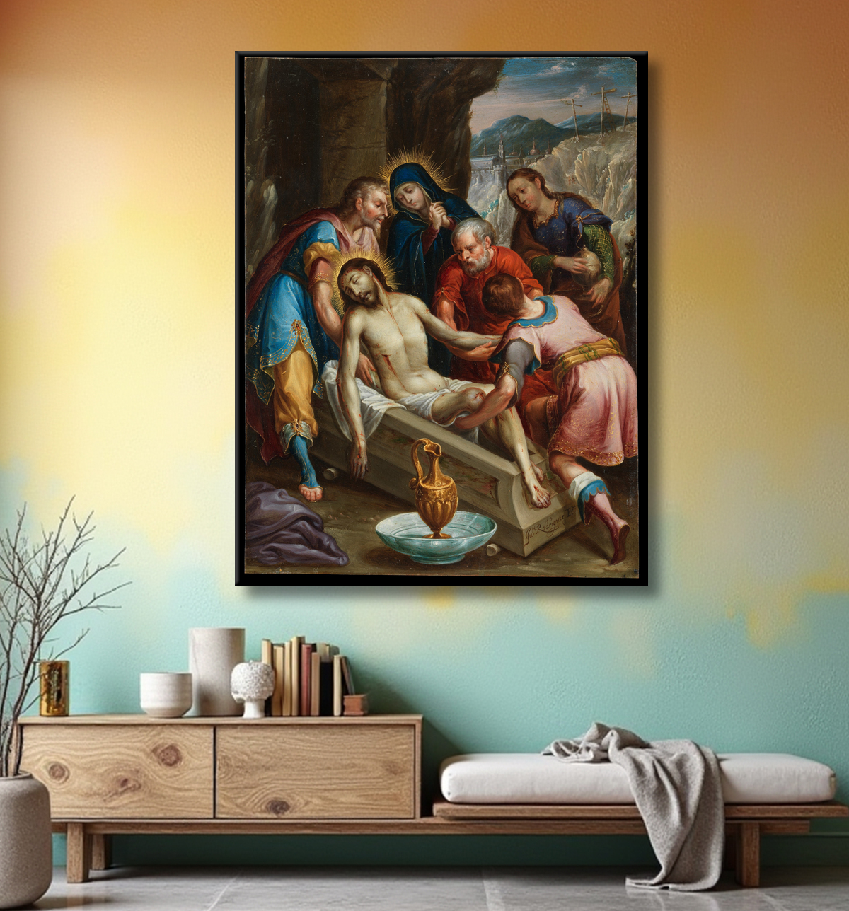 Reproduction La mise au tombeau du Christ de Juan Rodríguez Juárez avec decor