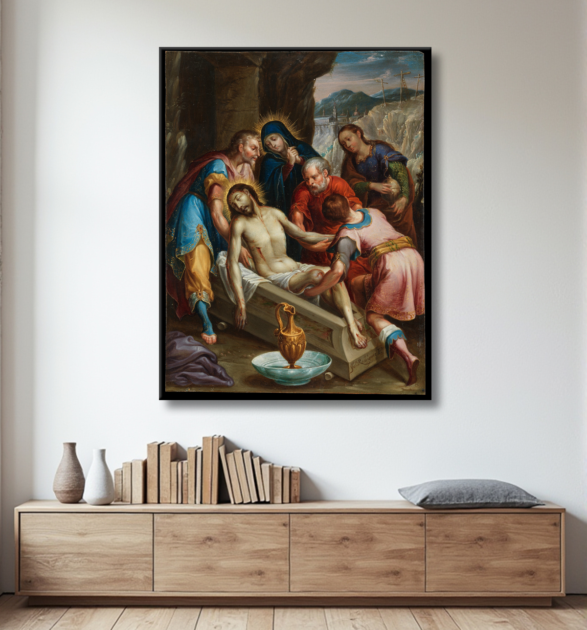 Reproduction La mise au tombeau du Christ de Juan Rodríguez Juárez avec decor