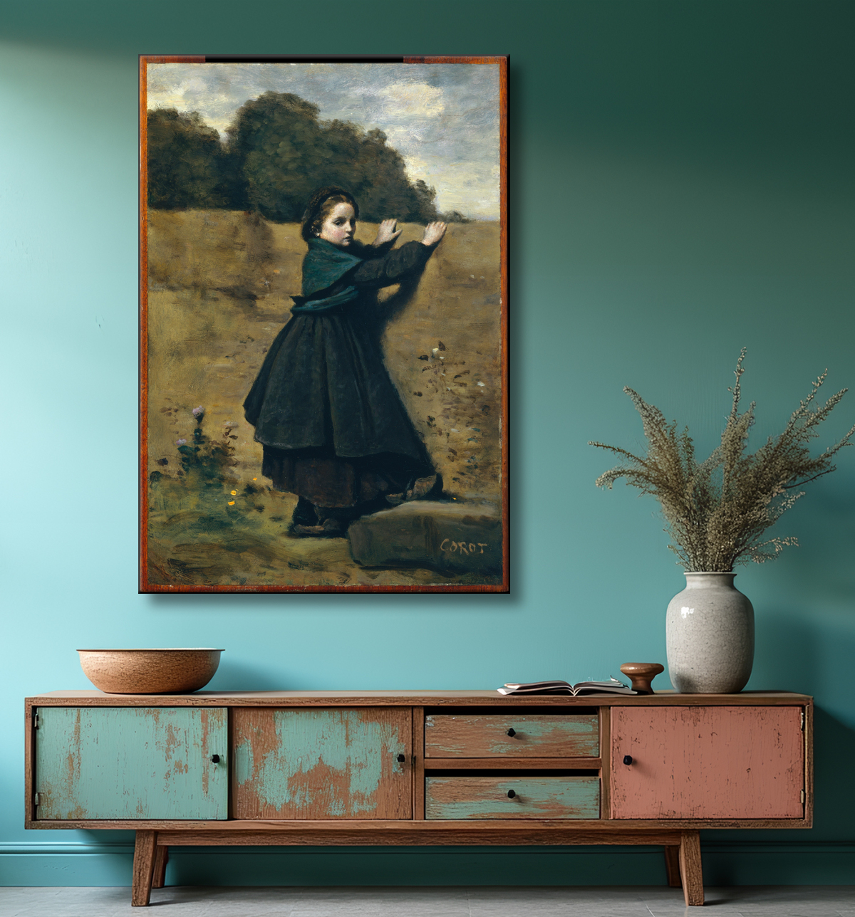 Reproduction La petite fille curieuse de Camille Corot avec decor