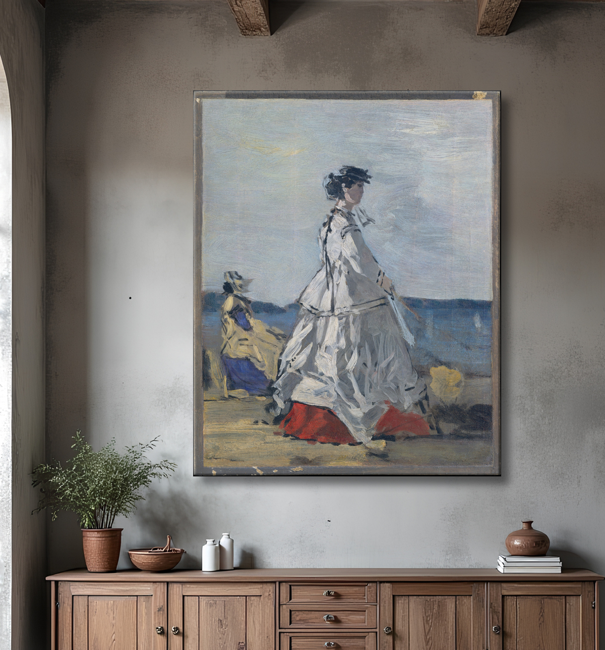 Reproduction La princesse Pauline Metternich (1836-1921) sur la plage de Eugène Boudin avec decor