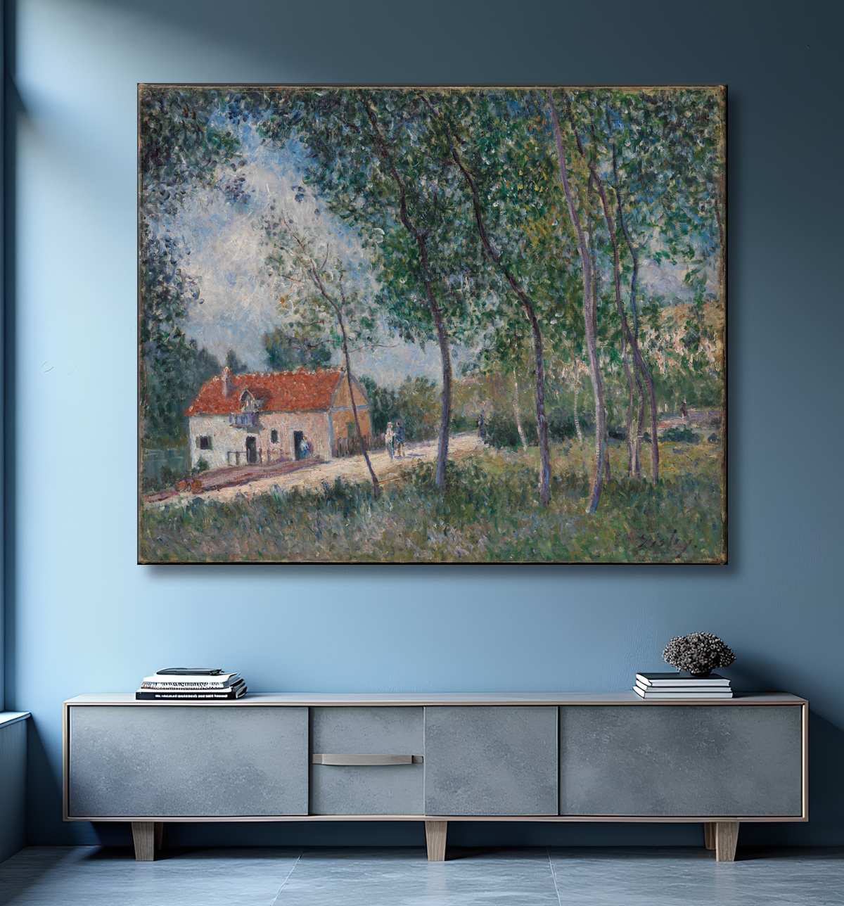 Reproduction La route de Moret à Saint-Mammès de Alfred Sisley avec decor