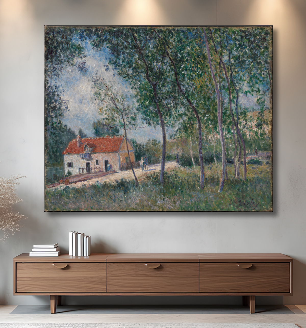 Reproduction La route de Moret à Saint-Mammès de Alfred Sisley avec decor