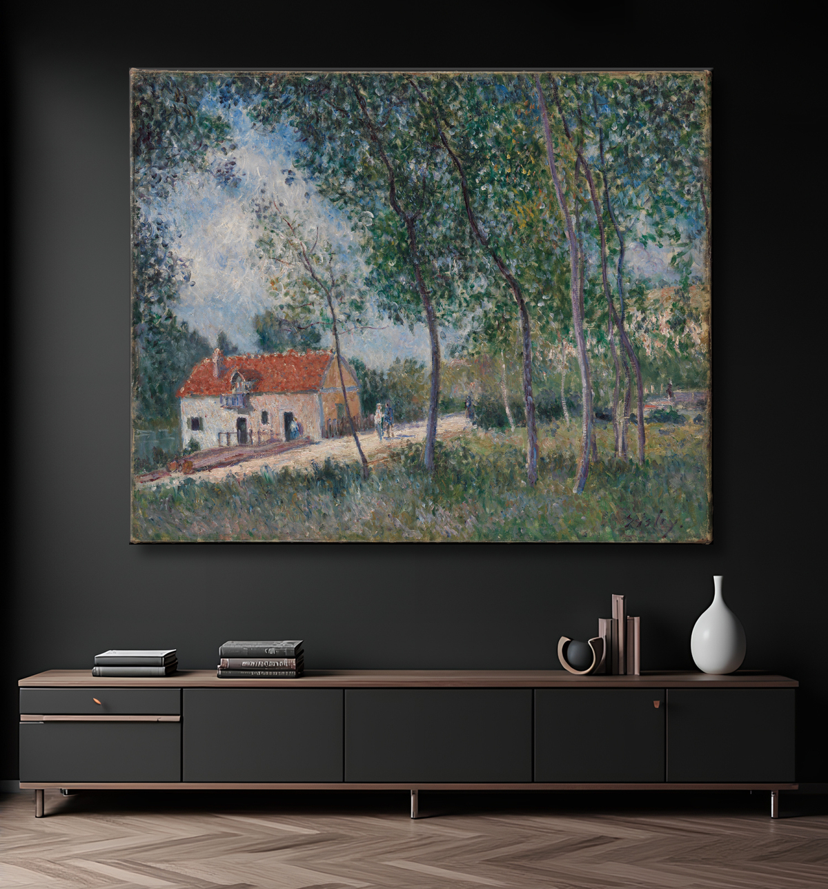 Reproduction La route de Moret à Saint-Mammès de Alfred Sisley avec decor