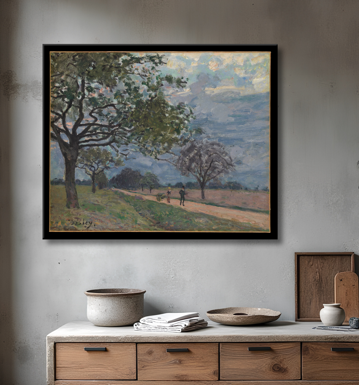 Reproduction La route de Versailles à Louveciennes de Alfred Sisley avec decor