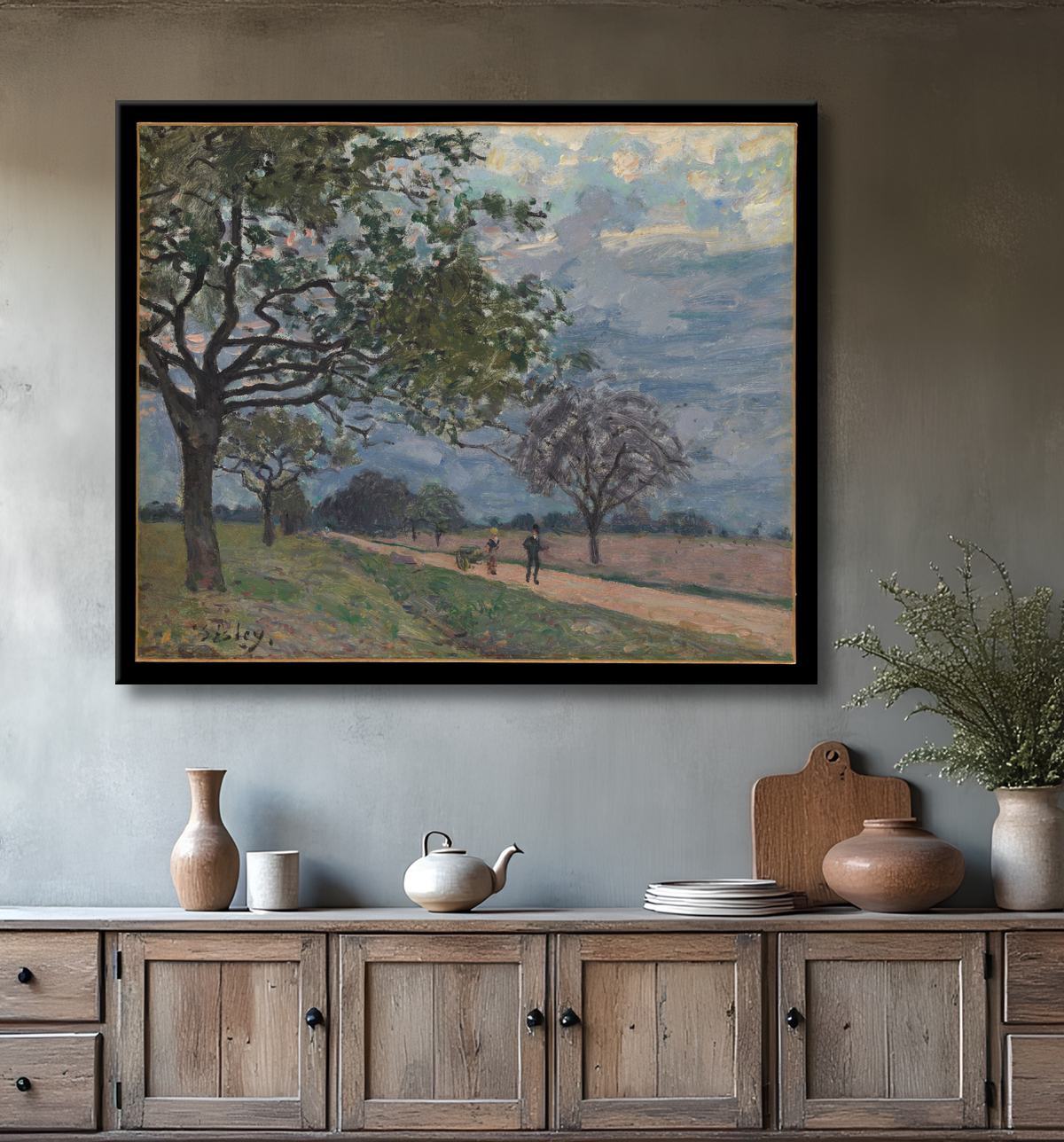 Reproduction La route de Versailles à Louveciennes de Alfred Sisley avec decor