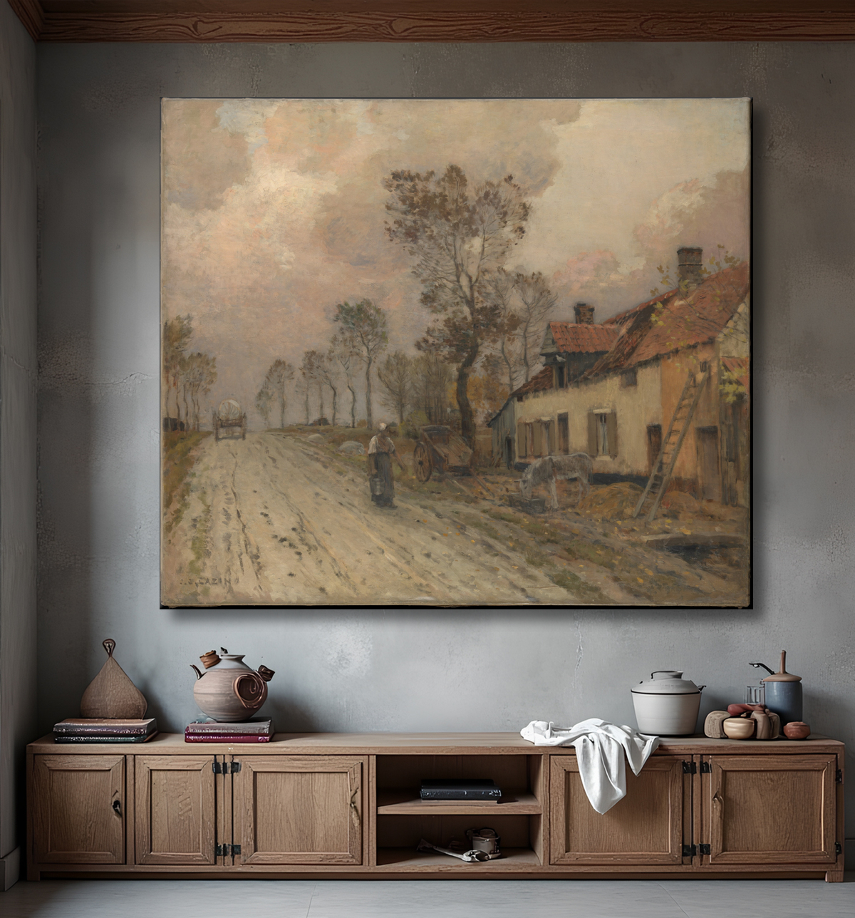 Reproduction La route nationale à Samer de Jean-Charles Cazin avec decor