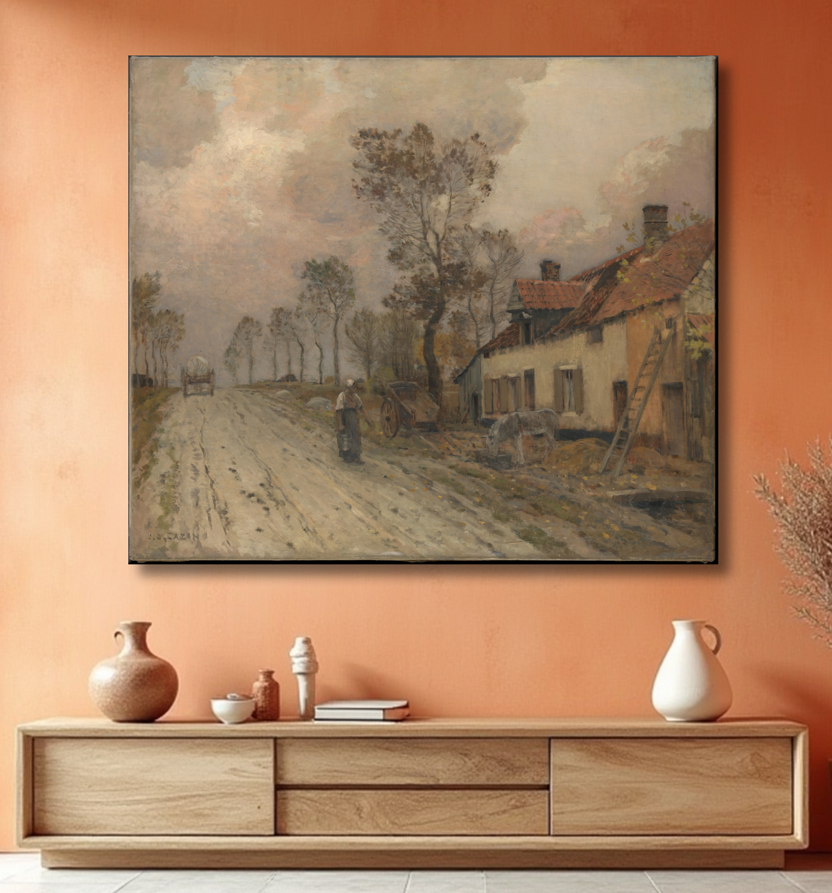 Reproduction La route nationale à Samer de Jean-Charles Cazin avec decor