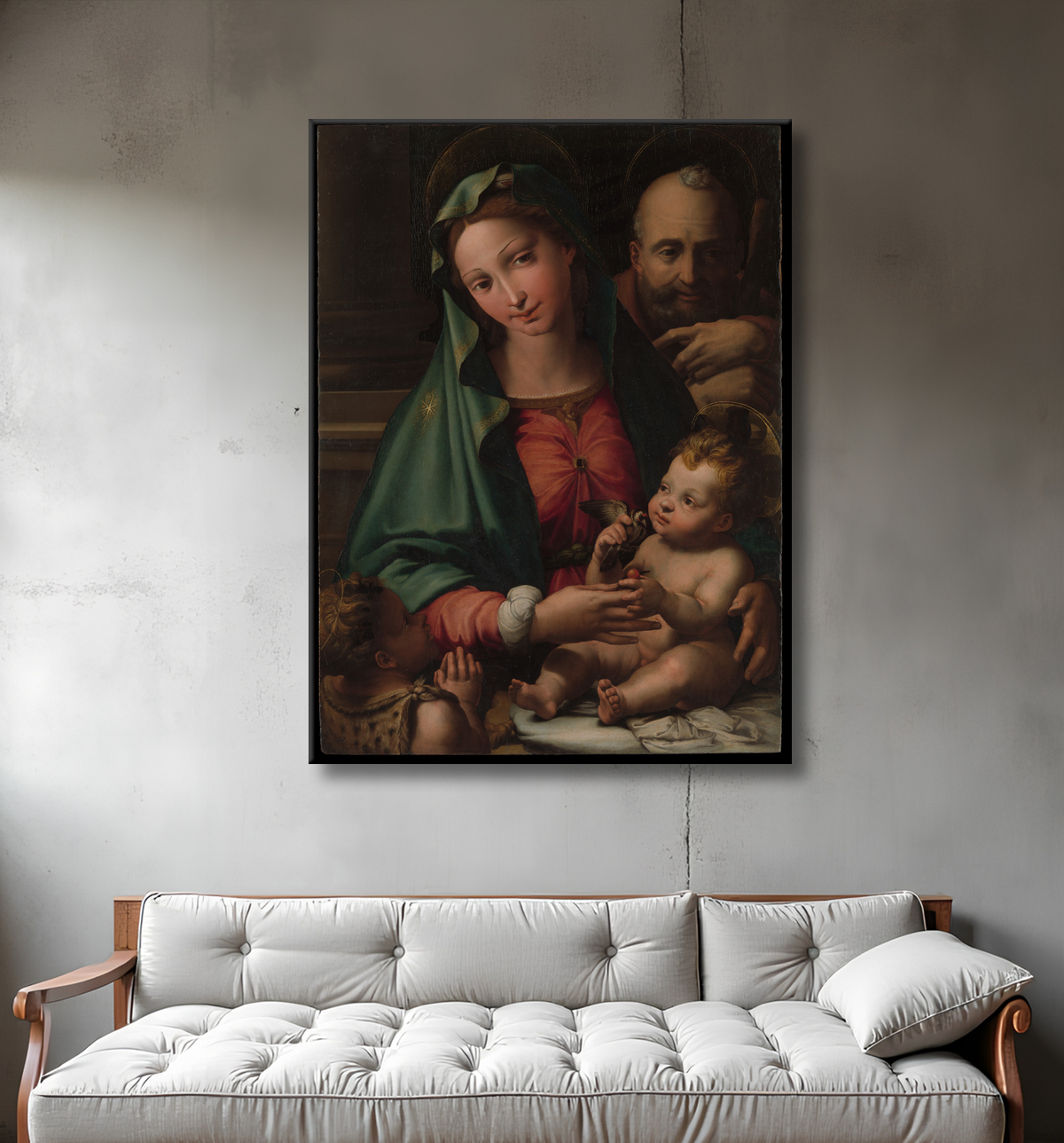Reproduction La Sainte Famille avec l'Enfant Saint Jean-Baptiste de Perino del Vaga (Pietro Buonaccorsi) avec decor