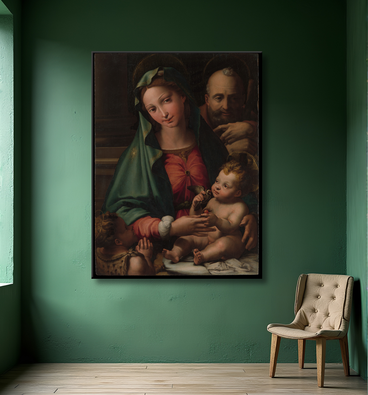 Reproduction La Sainte Famille avec l'Enfant Saint Jean-Baptiste de Perino del Vaga (Pietro Buonaccorsi) avec decor