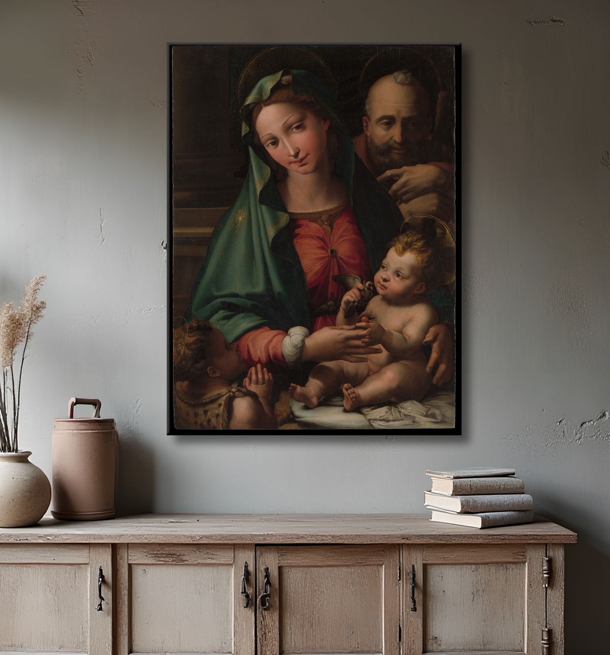 Reproduction La Sainte Famille avec l'Enfant Saint Jean-Baptiste de Perino del Vaga (Pietro Buonaccorsi) avec decor