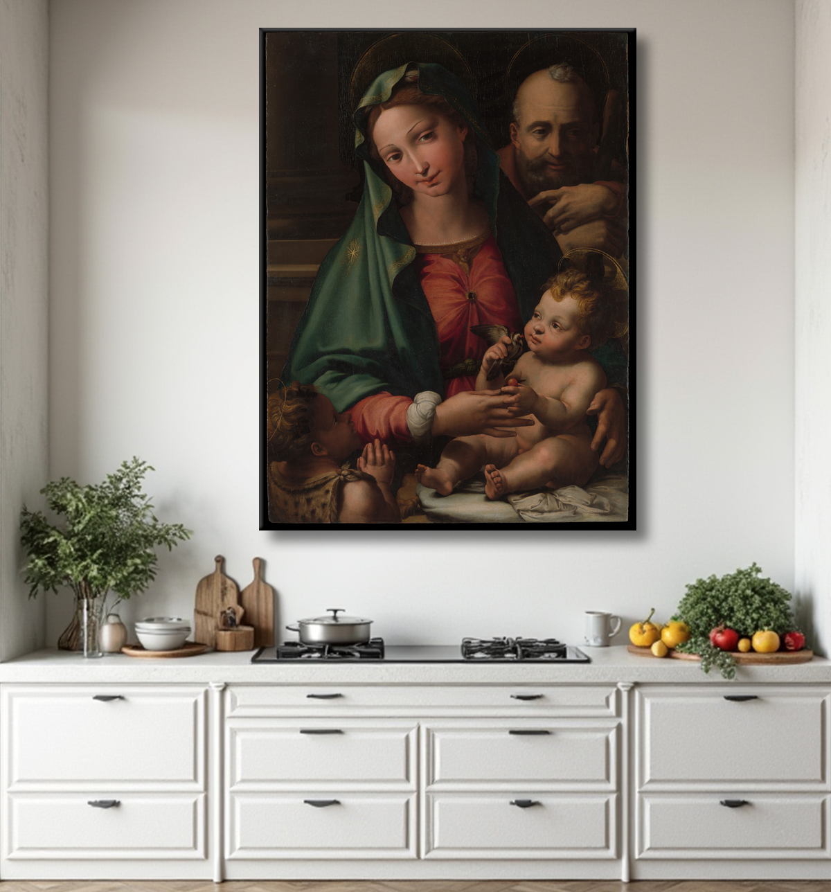 Reproduction La Sainte Famille avec l'Enfant Saint Jean-Baptiste de Perino del Vaga (Pietro Buonaccorsi) avec decor