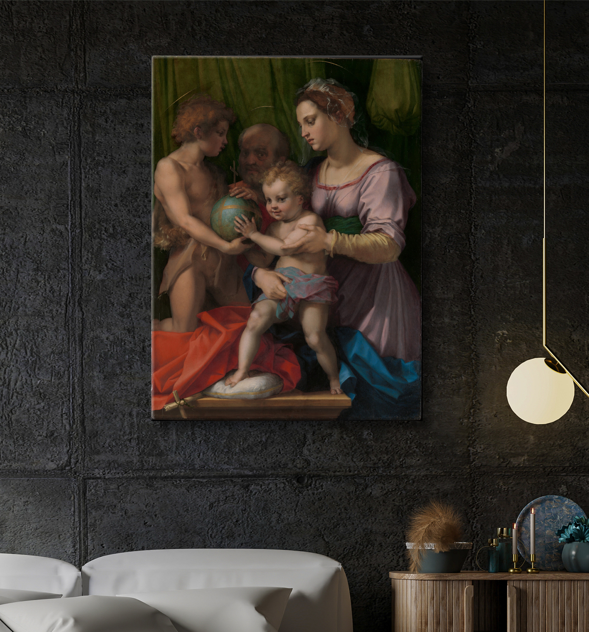 Reproduction La Sainte Famille avec le jeune saint Jean-Baptiste de Andrea del Sarto (Andrea d'Agnolo) avec decor
