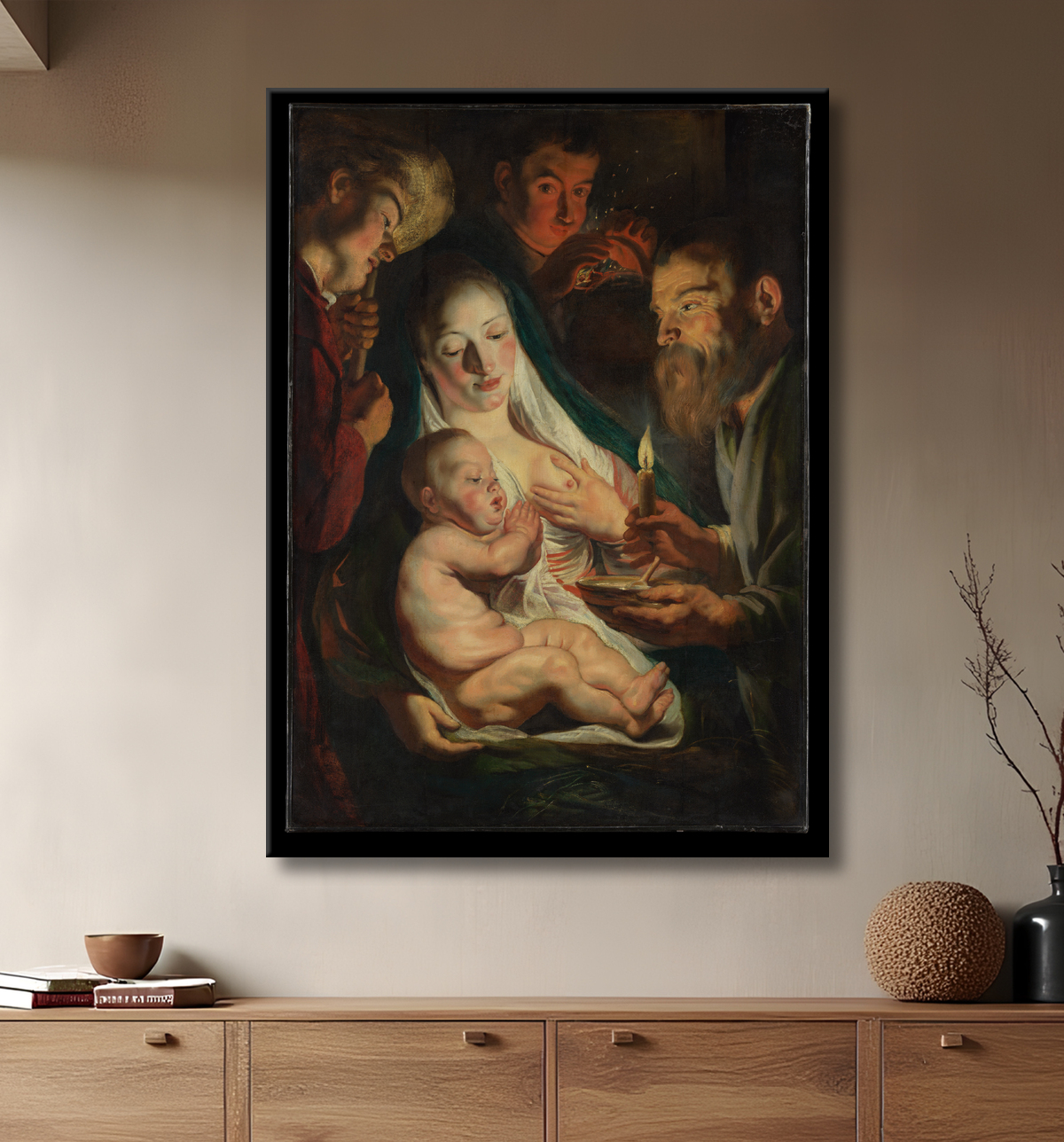 Reproduction La Sainte Famille avec les bergers de Jacob Jordaens avec decor