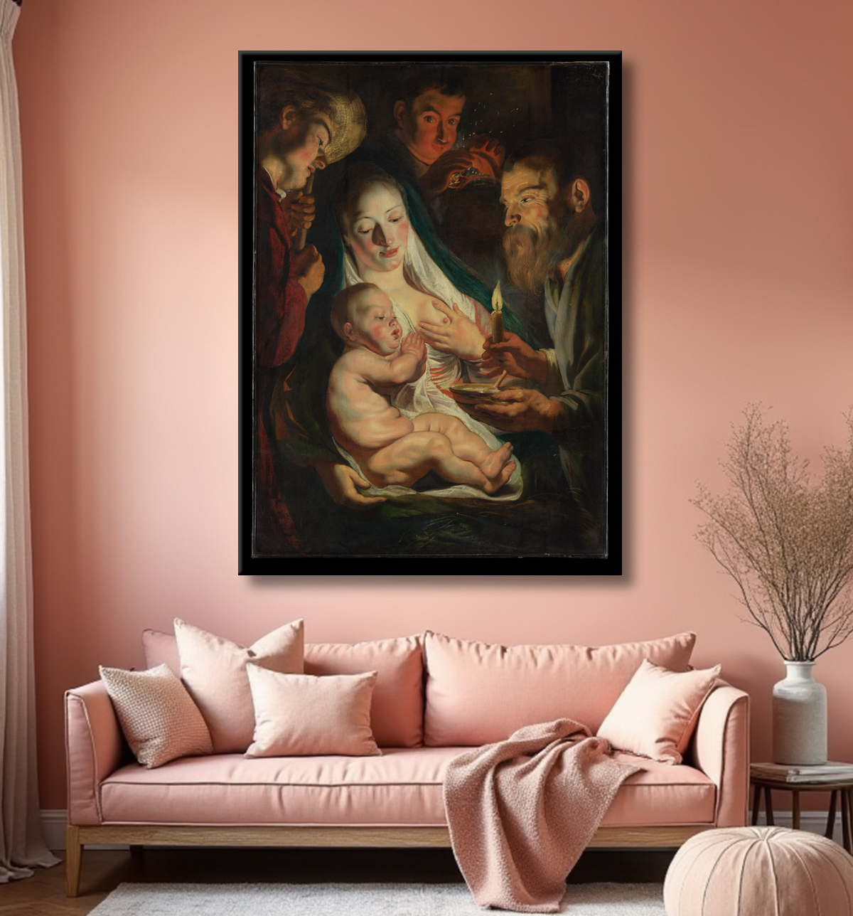 Reproduction La Sainte Famille avec les bergers de Jacob Jordaens avec decor