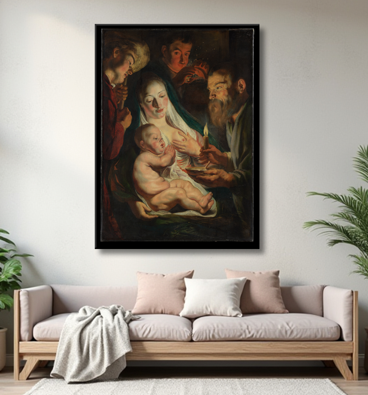 Reproduction La Sainte Famille avec les bergers de Jacob Jordaens avec decor