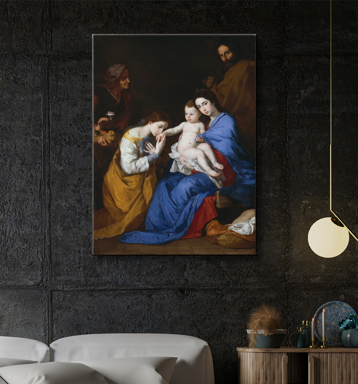 Reproduction La Sainte Famille avec les saintes Anne et Catherine d'Alexandrie de Jusepe de Ribera (called Lo Spagnoletto) avec decor