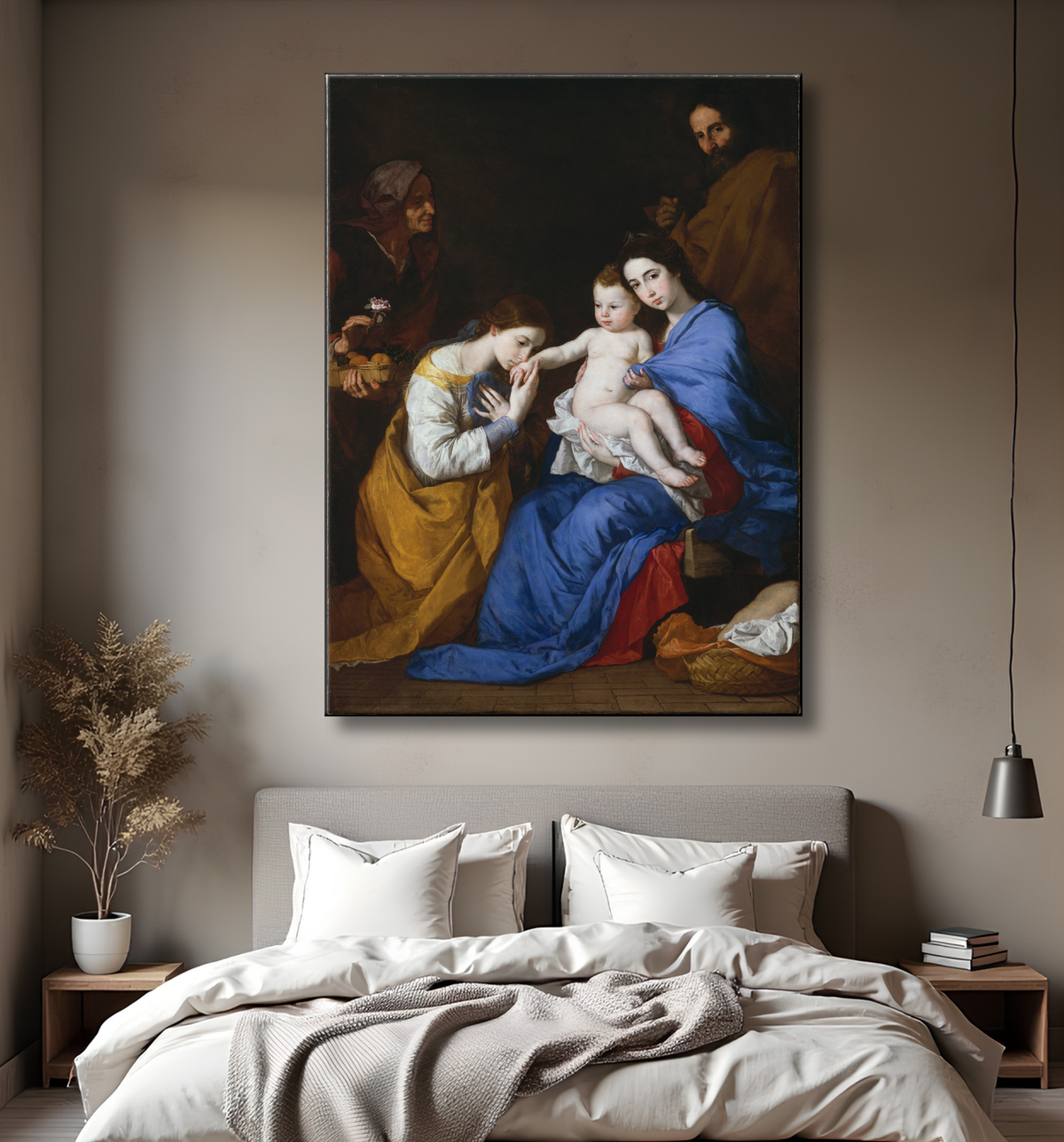 Reproduction La Sainte Famille avec les saintes Anne et Catherine d'Alexandrie de Jusepe de Ribera (called Lo Spagnoletto) avec decor