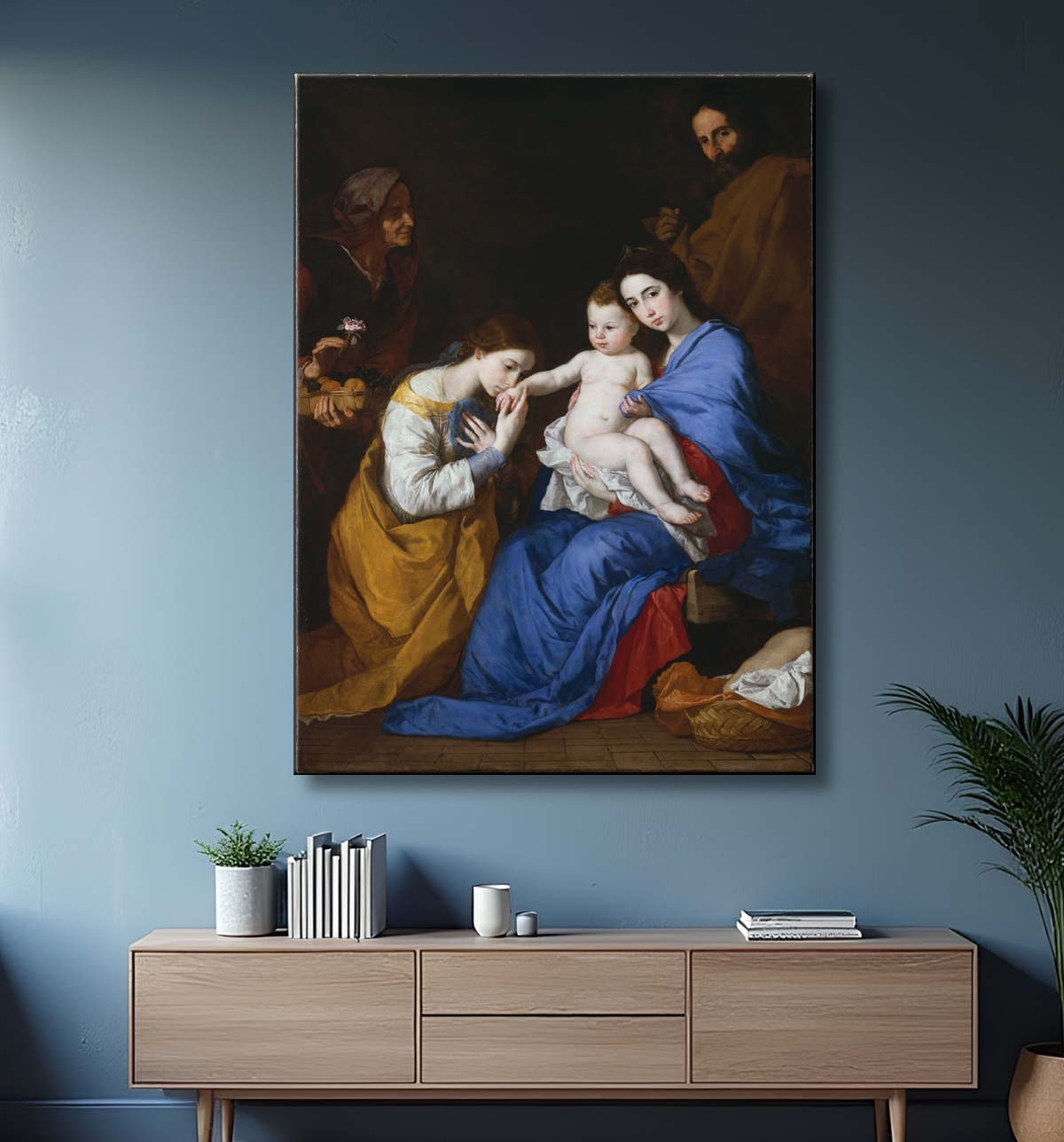 Reproduction La Sainte Famille avec les saintes Anne et Catherine d'Alexandrie de Jusepe de Ribera (called Lo Spagnoletto) avec decor
