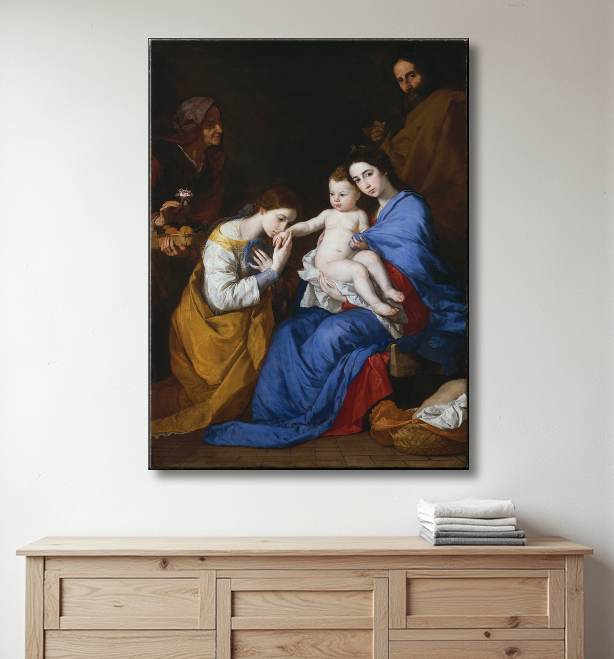 Reproduction La Sainte Famille avec les saintes Anne et Catherine d'Alexandrie de Jusepe de Ribera (called Lo Spagnoletto) avec decor