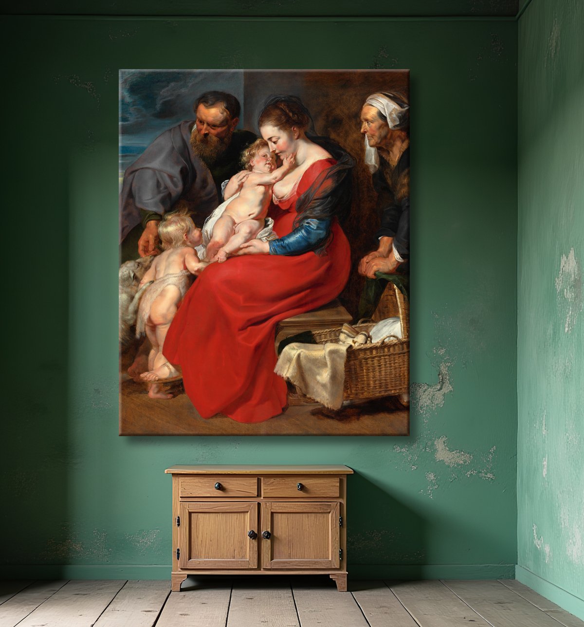 Reproduction La Sainte Famille avec les saints Elisabeth et Jean-Baptiste de Peter Paul Rubens avec decor