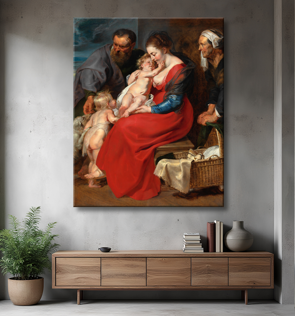 Reproduction La Sainte Famille avec les saints Elisabeth et Jean-Baptiste de Peter Paul Rubens avec decor