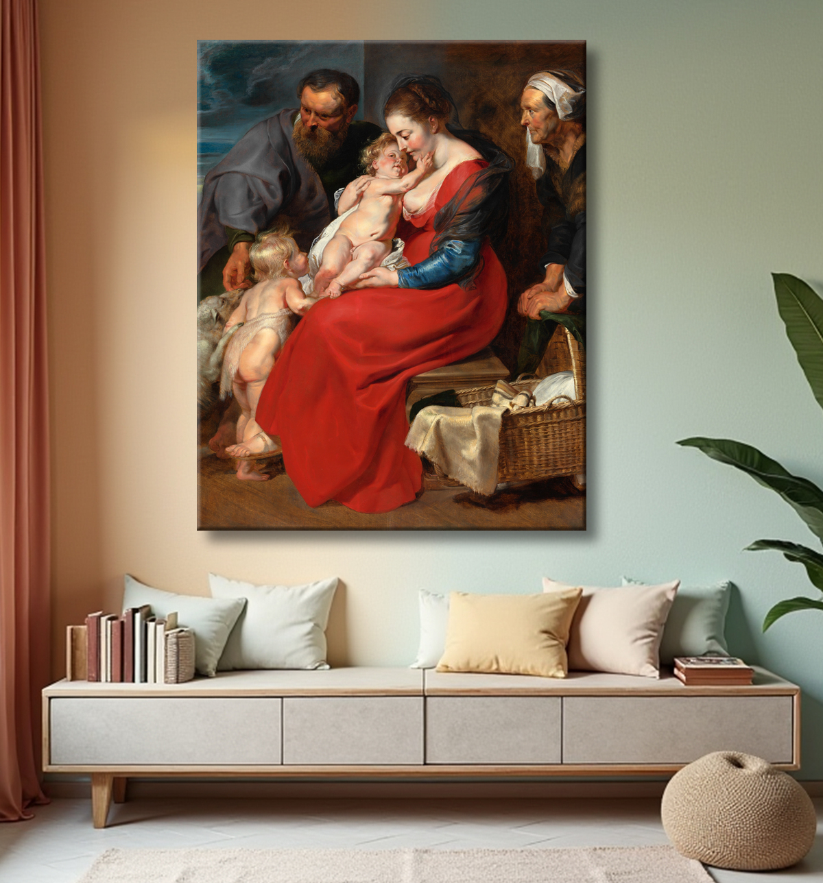 Reproduction La Sainte Famille avec les saints Elisabeth et Jean-Baptiste de Peter Paul Rubens avec decor