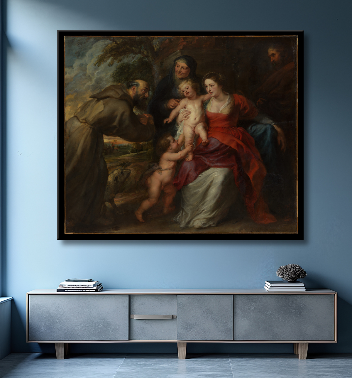 Reproduction La Sainte Famille avec les saints François et Anne et l'enfant saint Jean-Baptiste de Peter Paul Rubens avec decor