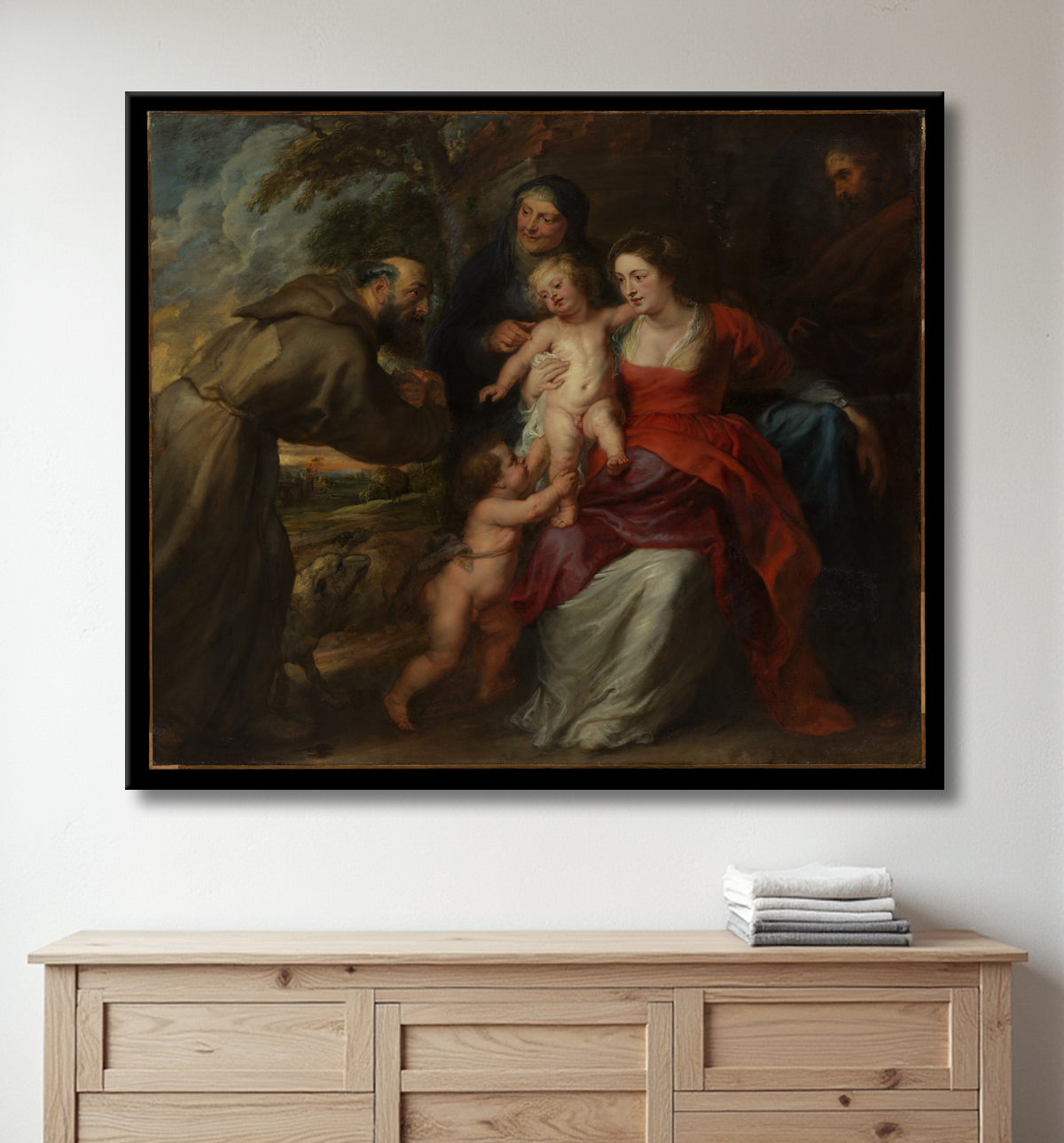 Reproduction La Sainte Famille avec les saints François et Anne et l'enfant saint Jean-Baptiste de Peter Paul Rubens avec decor