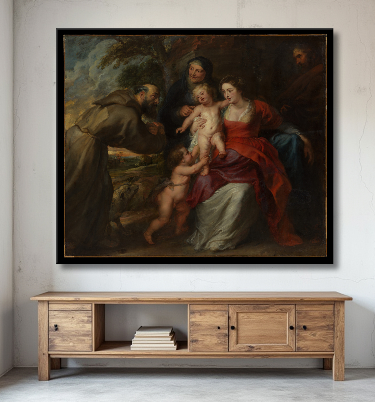 Reproduction La Sainte Famille avec les saints François et Anne et l'enfant saint Jean-Baptiste de Peter Paul Rubens avec decor