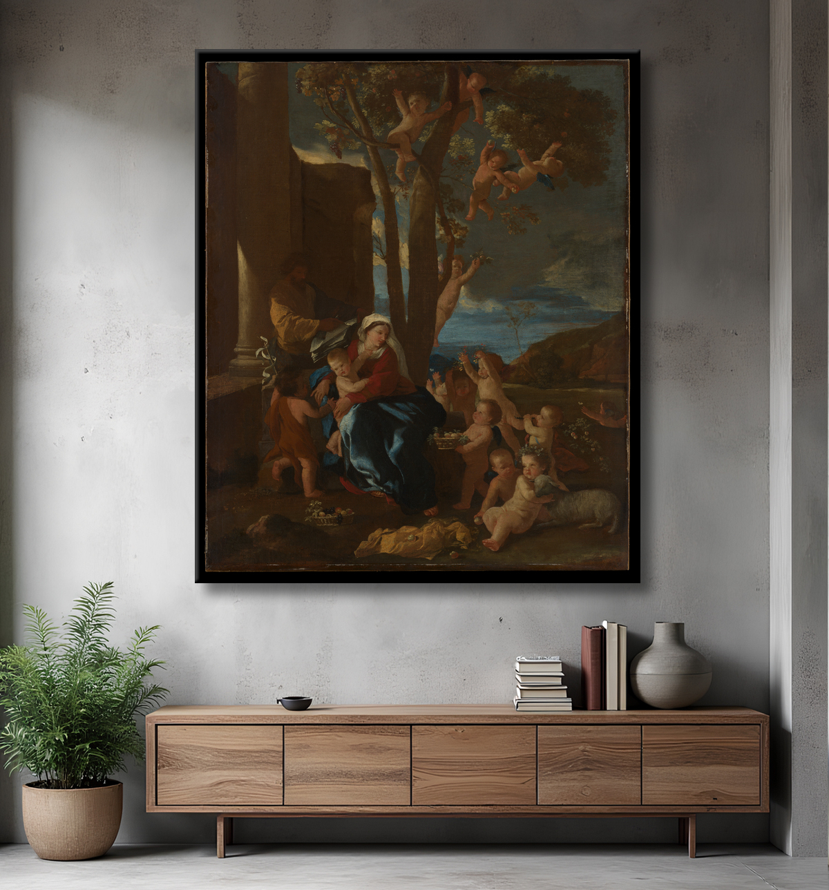 Reproduction La Sainte Famille avec saint Jean-Baptiste de Nicolas Poussin avec decor