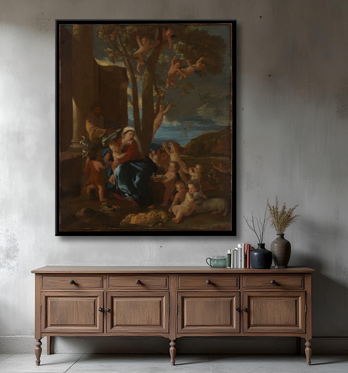 Reproduction La Sainte Famille avec saint Jean-Baptiste de Nicolas Poussin avec decor