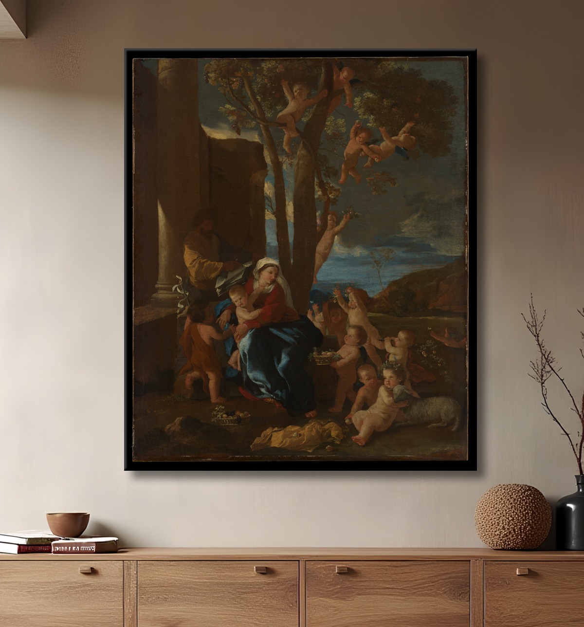 Reproduction La Sainte Famille avec saint Jean-Baptiste de Nicolas Poussin avec decor