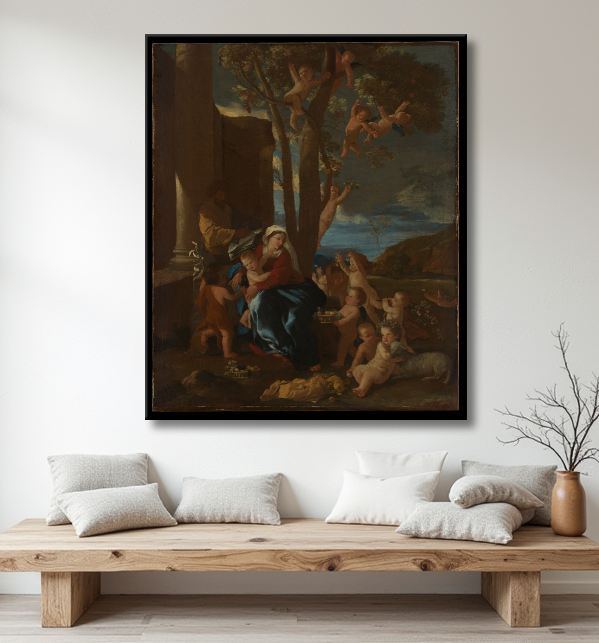 Reproduction La Sainte Famille avec saint Jean-Baptiste de Nicolas Poussin avec decor