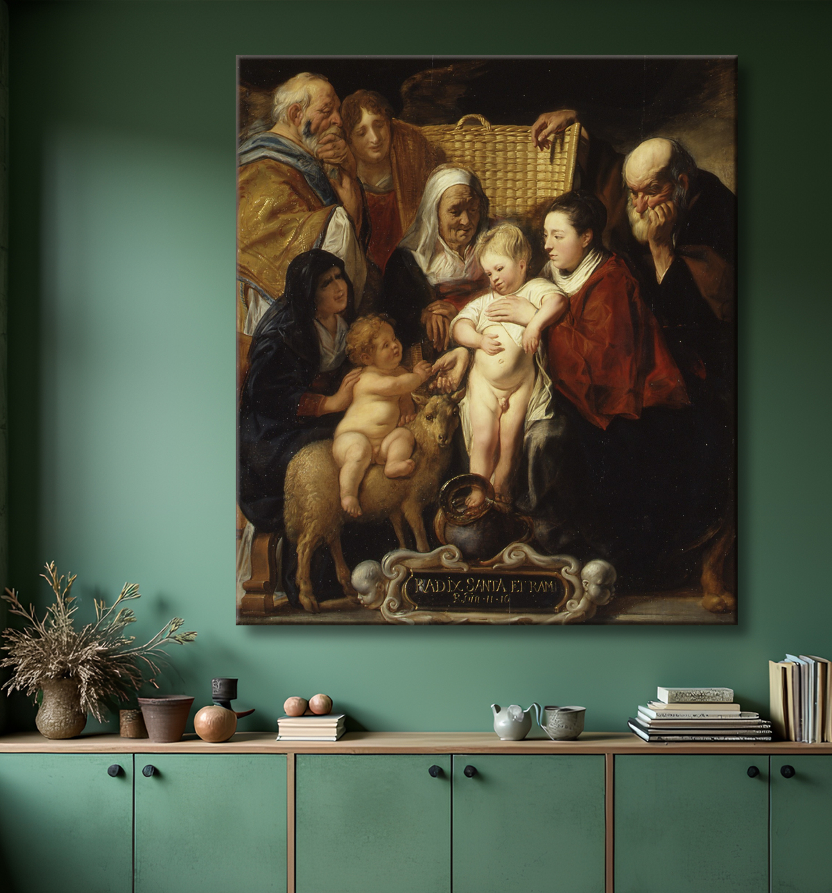 Reproduction La Sainte Famille avec sainte Anne et le jeune Baptiste et ses parents de Jacob Jordaens avec decor