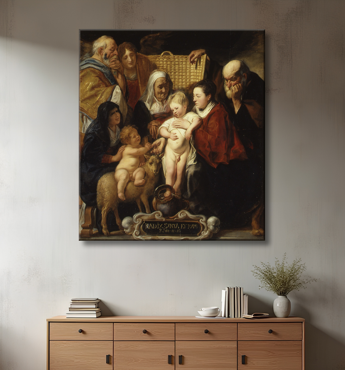 Reproduction La Sainte Famille avec sainte Anne et le jeune Baptiste et ses parents de Jacob Jordaens avec decor