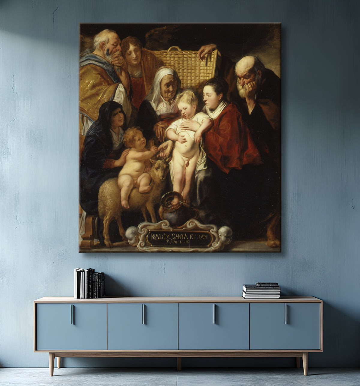 Reproduction La Sainte Famille avec sainte Anne et le jeune Baptiste et ses parents de Jacob Jordaens avec decor