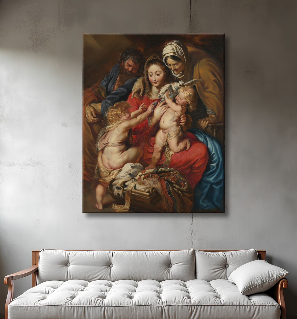 Reproduction La Sainte Famille avec sainte Elisabeth, saint Jean et une colombe de Peter Paul Rubens avec decor