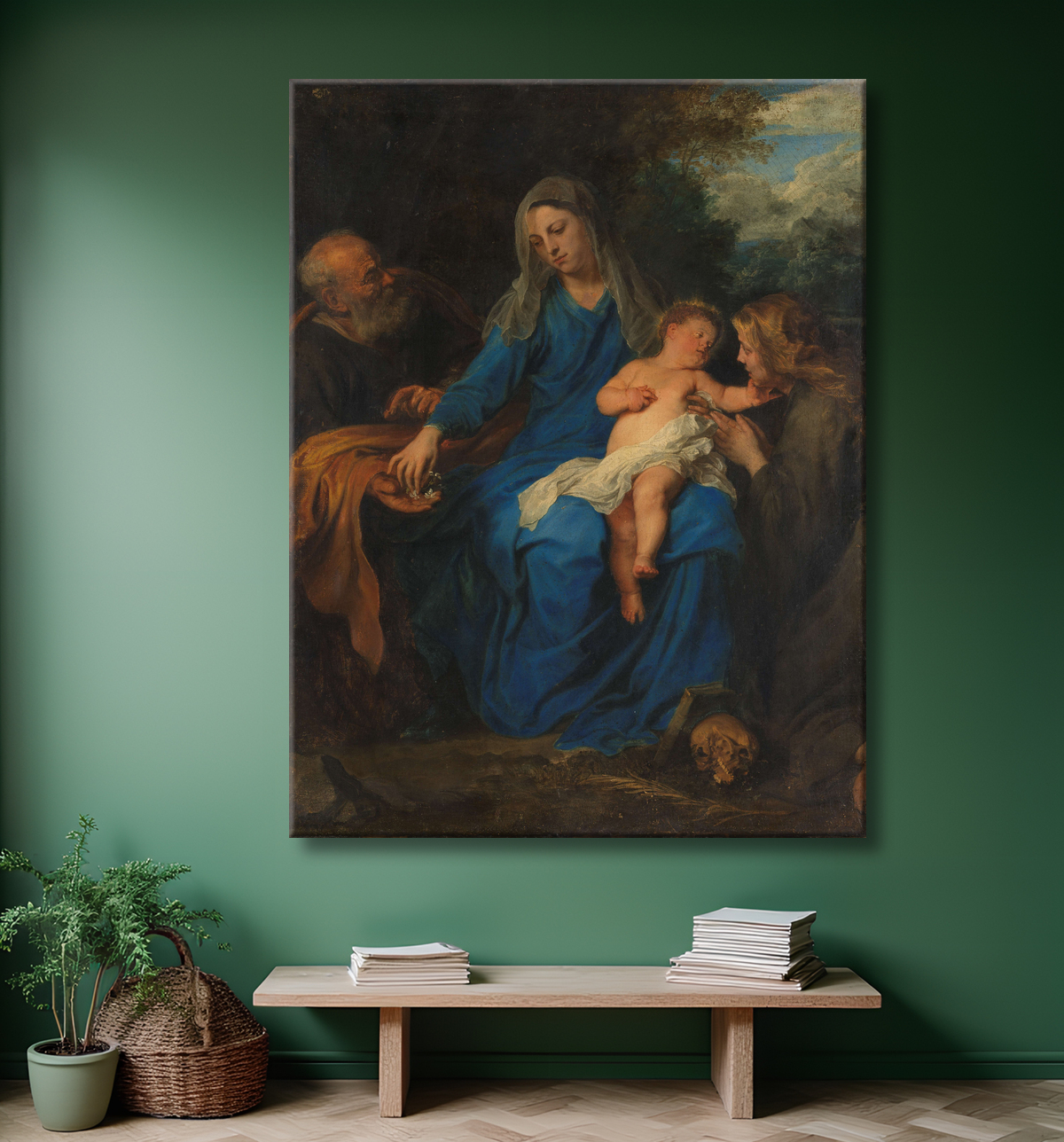 Reproduction La Sainte Famille avec une sainte en adoration de Anthony van Dyck avec decor