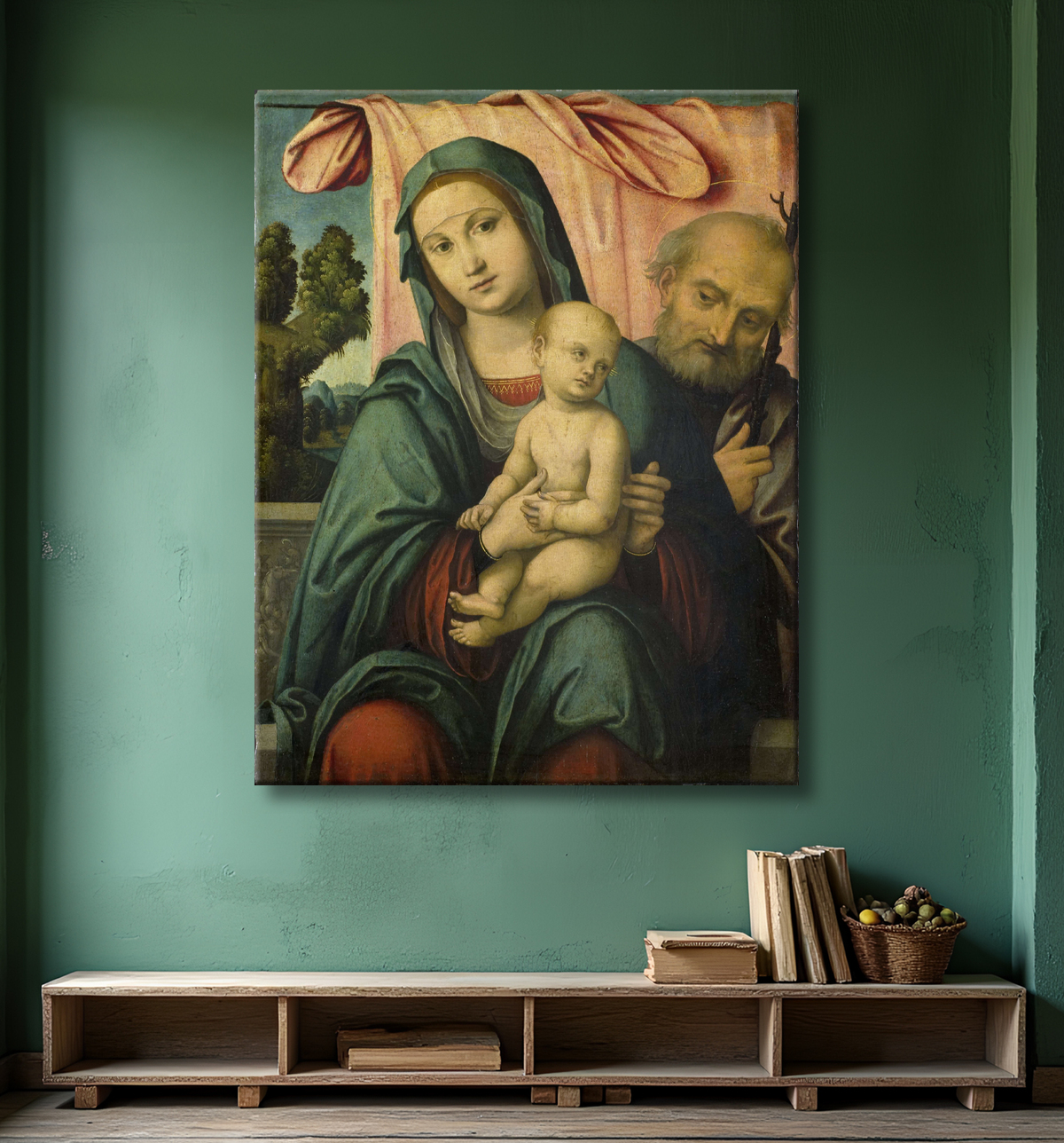 Reproduction La Sainte Famille de Lorenzo Costa avec decor