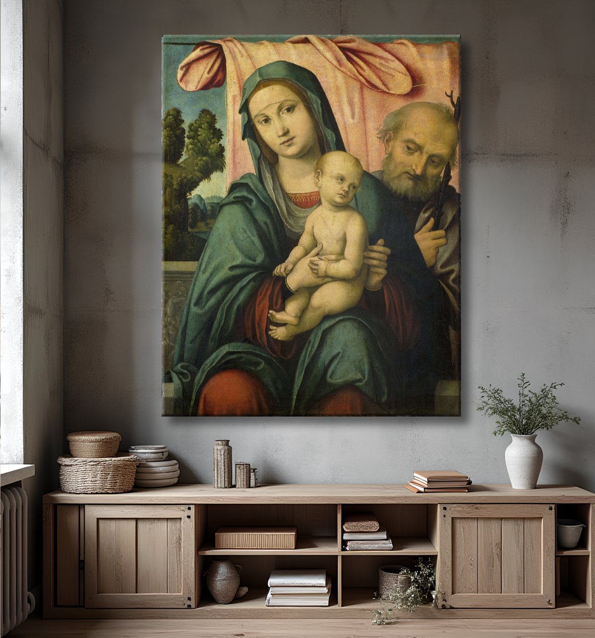 Reproduction La Sainte Famille de Lorenzo Costa avec decor