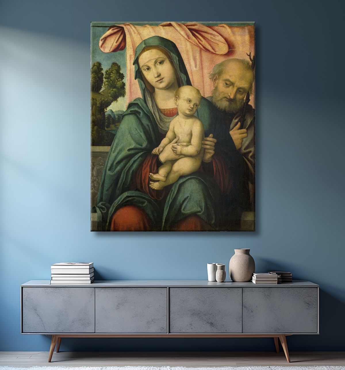 Reproduction La Sainte Famille de Lorenzo Costa avec decor